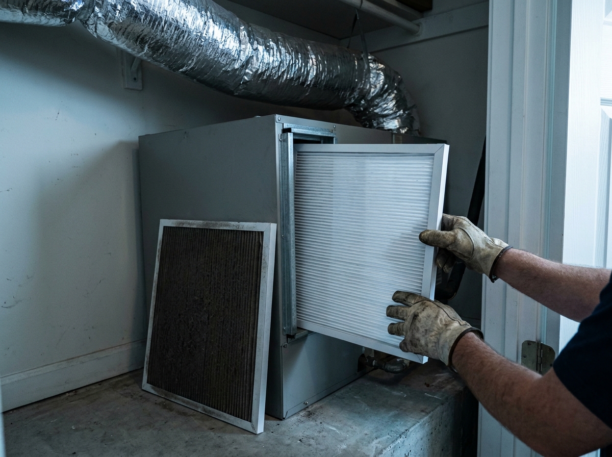 Gloved hands sliding a fresh pleated filter into the return slot of an indoor air handler