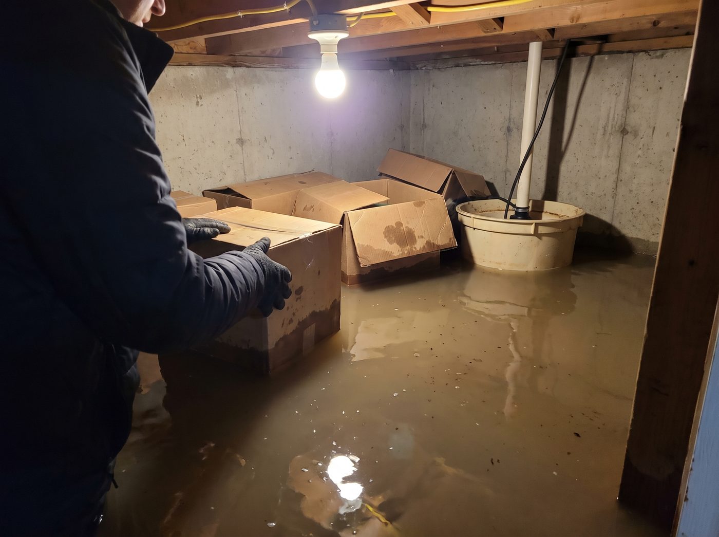 Standing water across a concrete basement floor with soaked boxes and a sump basin