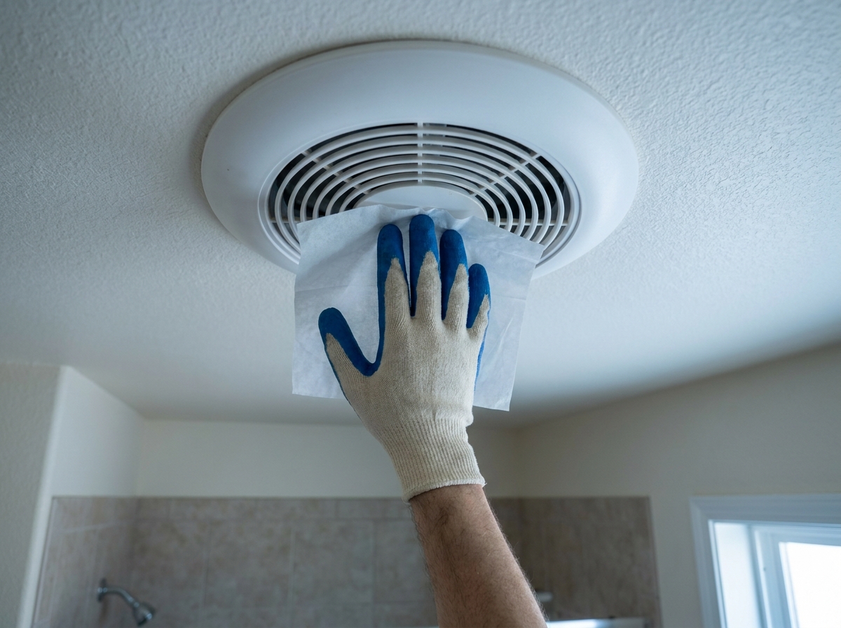 A gloved hand holding a sheet of tissue against a running bathroom extractor fan grille to test the airflow