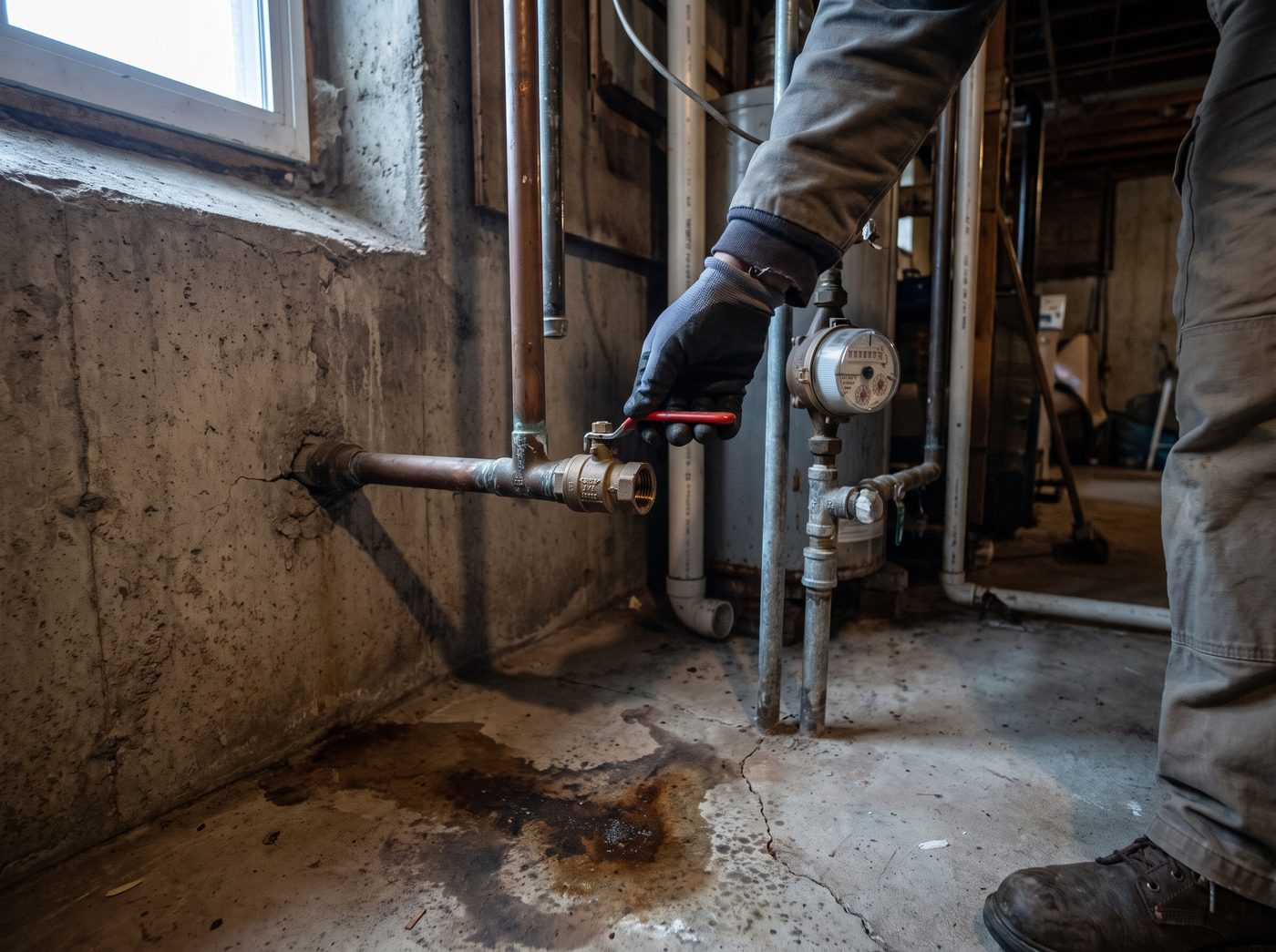 A hand turning the main water shutoff valve on a copper supply pipe entering a basement wall