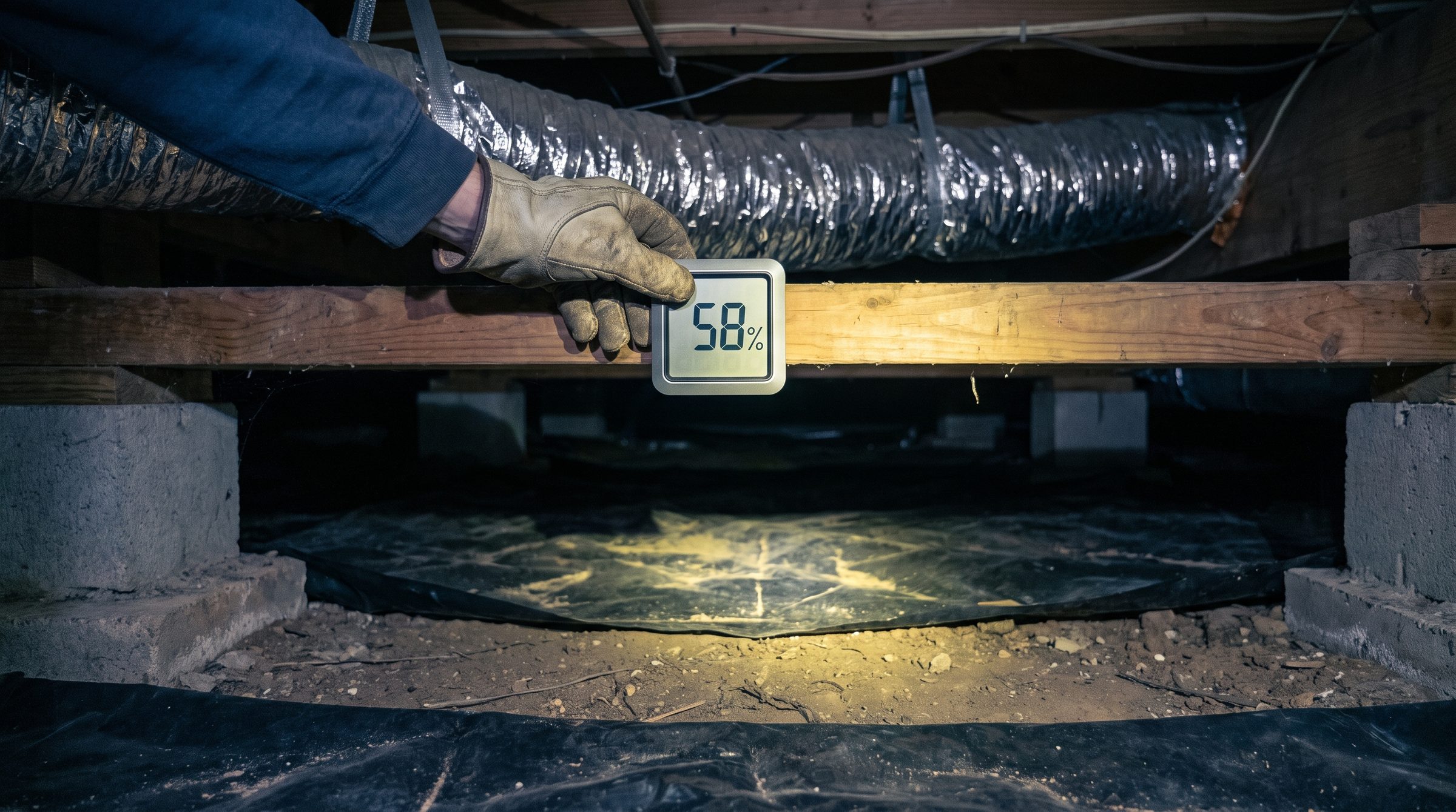 A gloved hand setting a small digital humidity meter on a joist in a crawl space, torchlight across the ground sheet