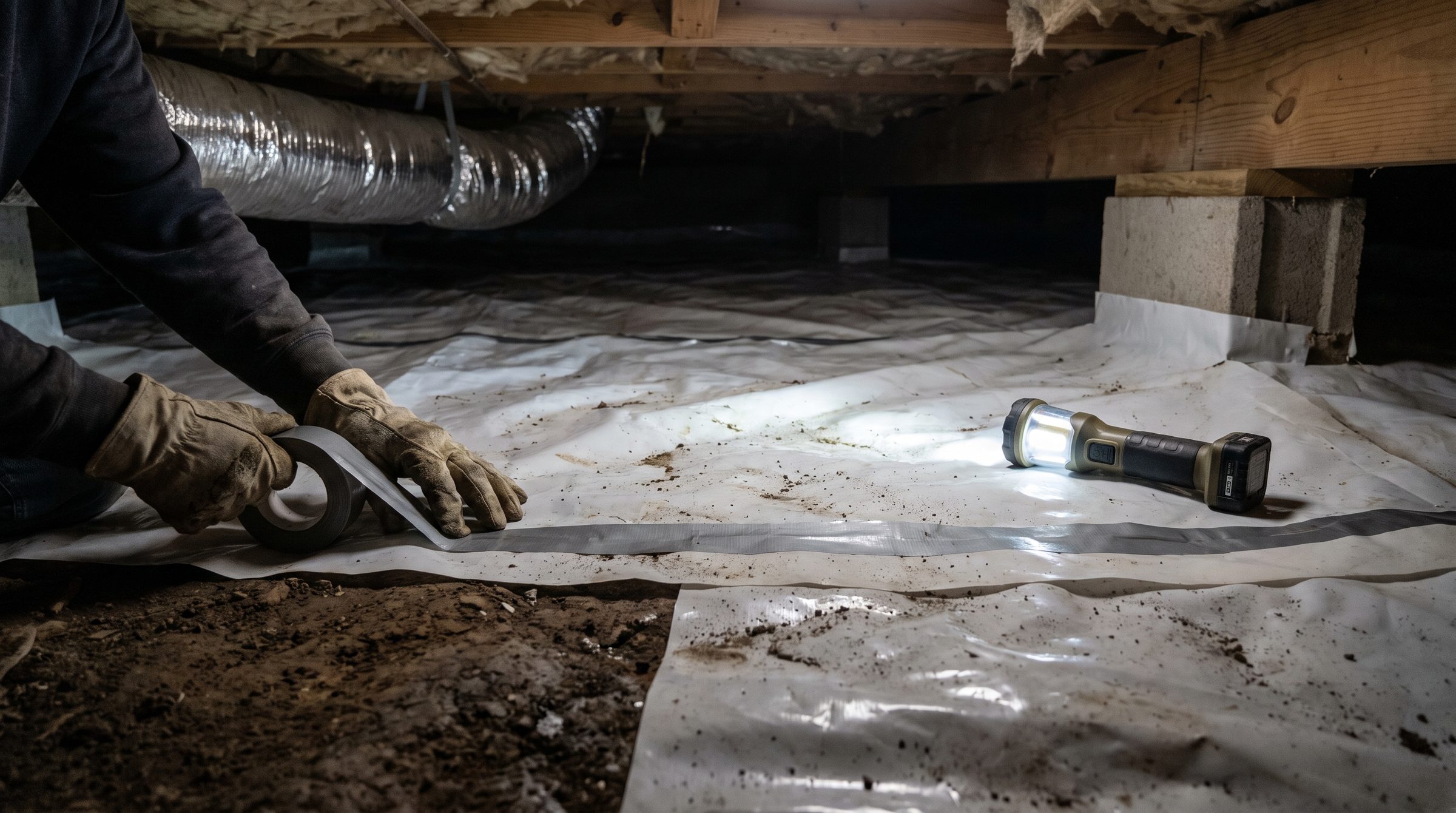Gloved hands pressing seam tape along the overlap of two sheets of white vapor barrier over bare earth in a crawl space