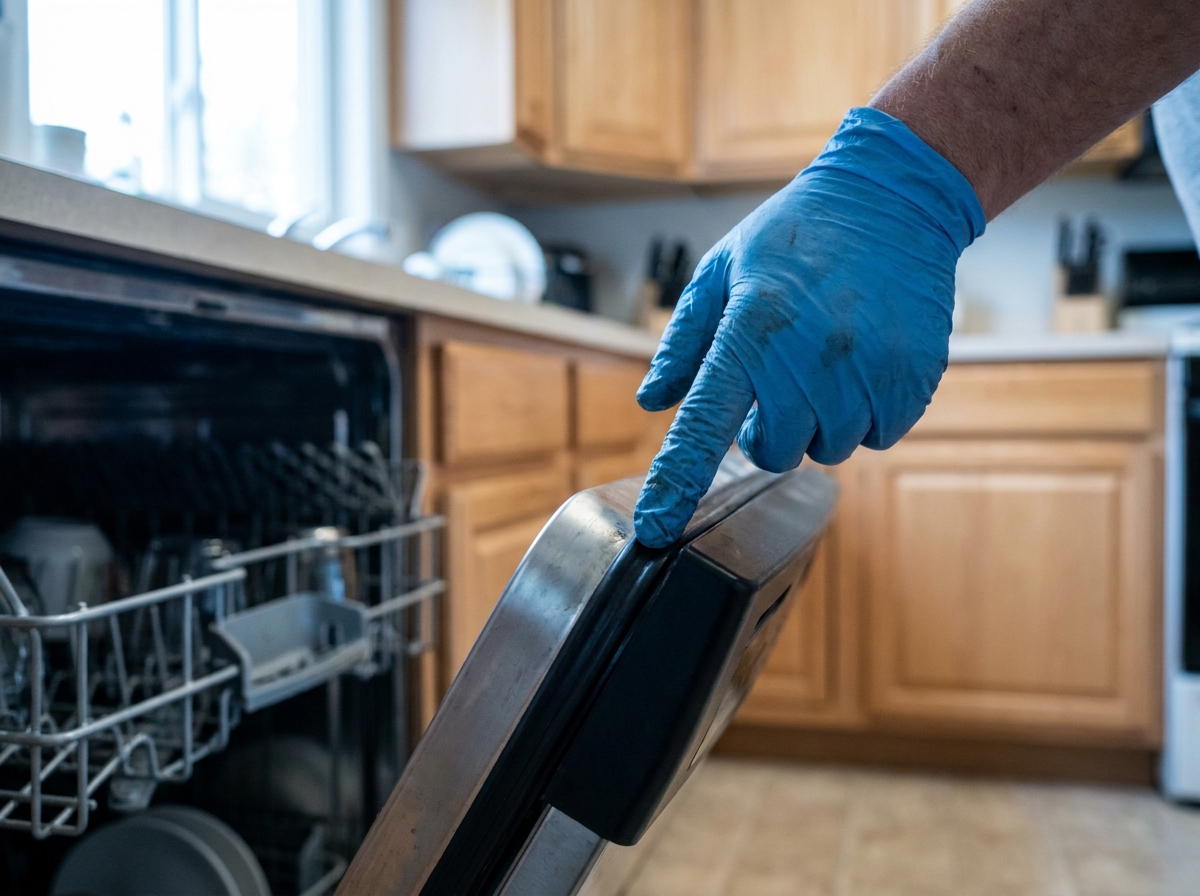 A gloved finger running along the rubber door gasket of an open dishwasher