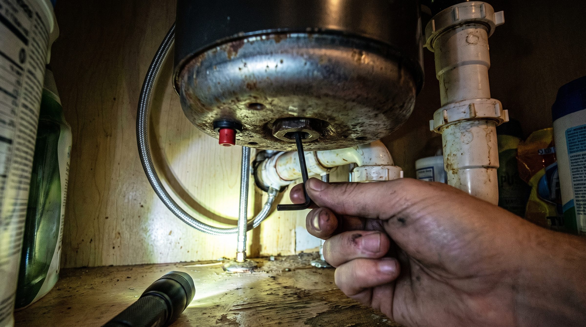A hand fitting a hex wrench into the socket in the centre of the underside of a garbage disposal, under a kitchen sink