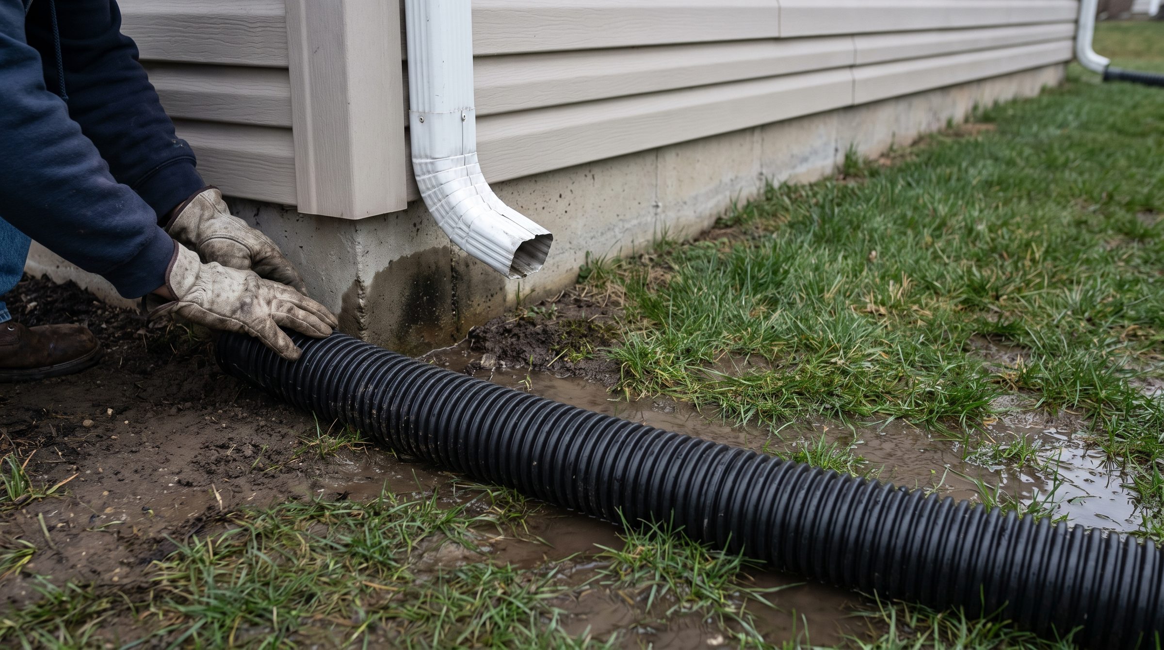Gloved hands fitting a corrugated extension to the foot of a downspout at the corner of a house, the pipe running away across the ground from the foundation