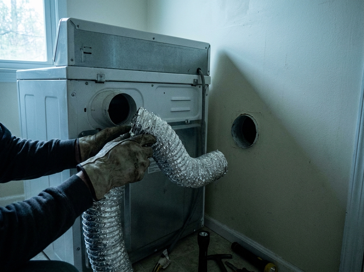 Gloved hands disconnecting the flexible vent hose from the back of a dryer pulled out from the wall