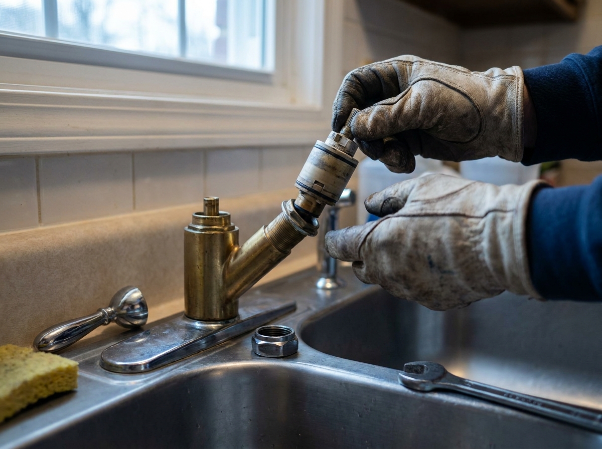 Gloved hands lifting the cartridge out of a disassembled single-handle kitchen faucet with the handle set aside