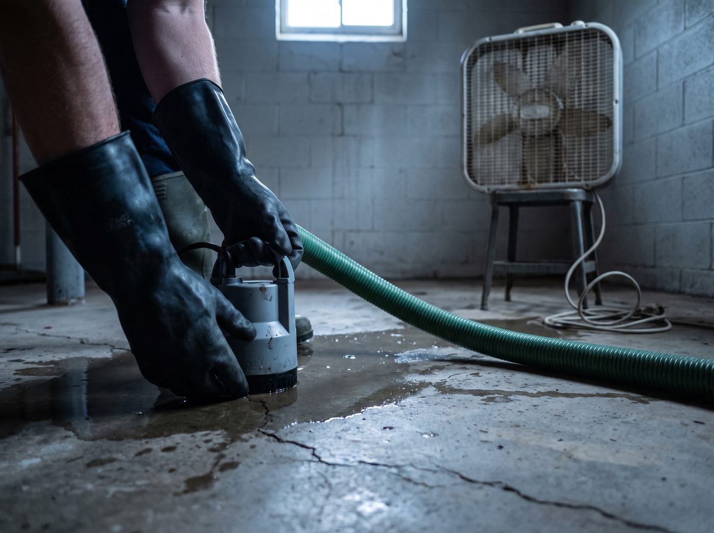 Gloved hands lowering a utility pump into shallow water on a basement floor, fan set up beyond