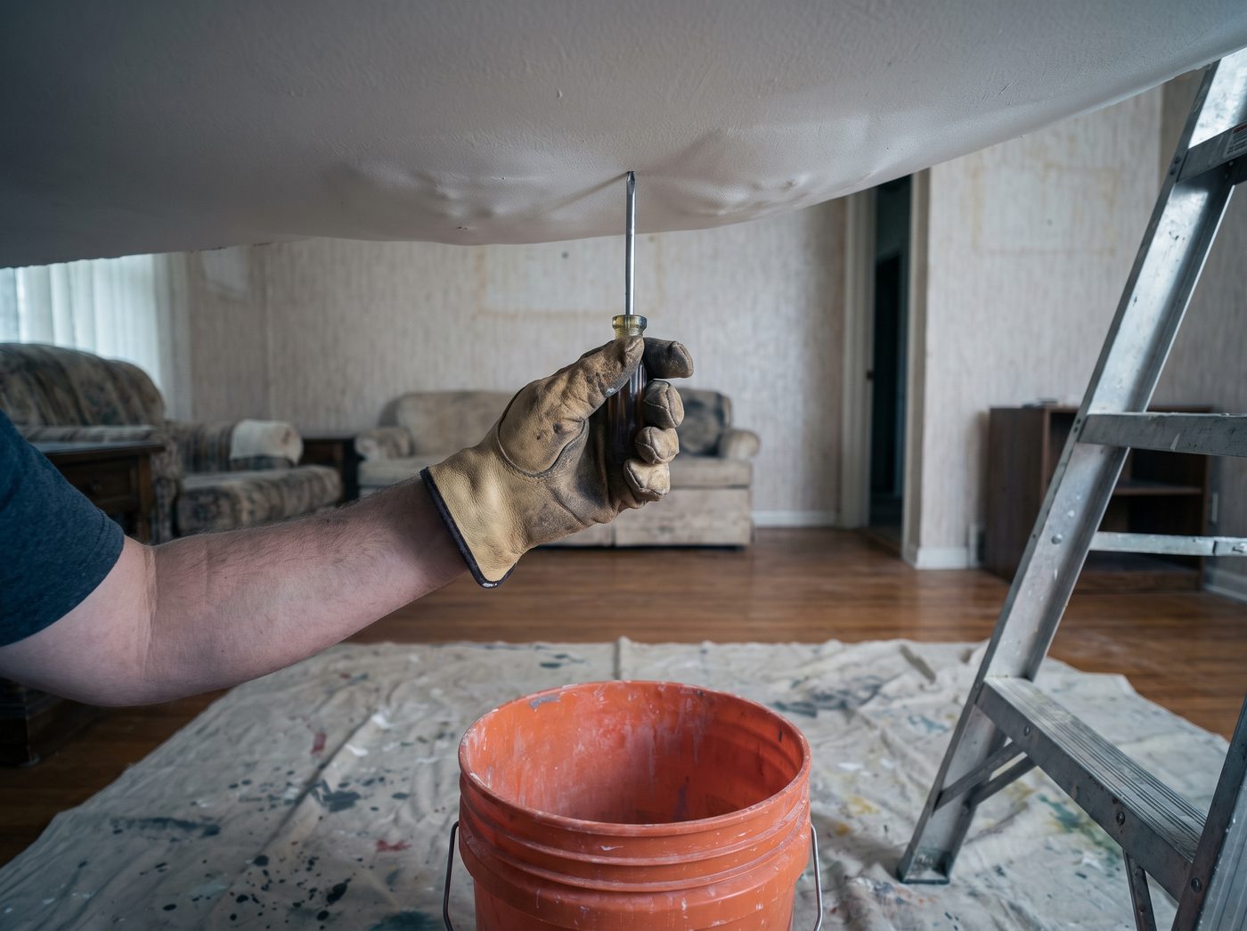 A gloved hand about to pierce a bulging ceiling with a screwdriver, bucket positioned below
