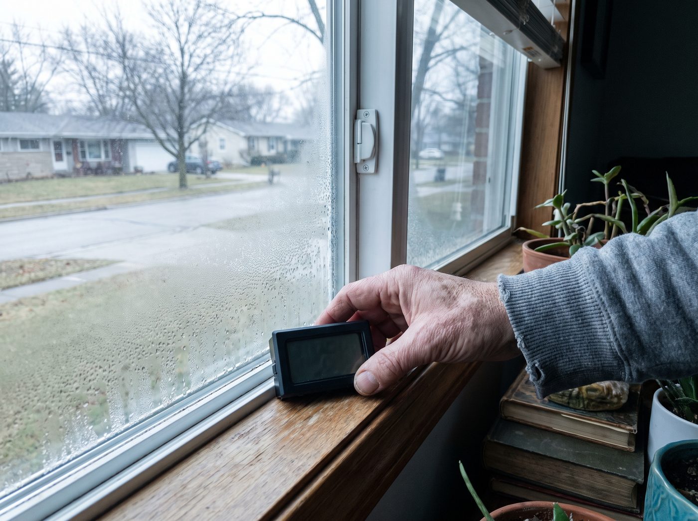 A hand setting a small digital hygrometer on a window sill beside a condensating window