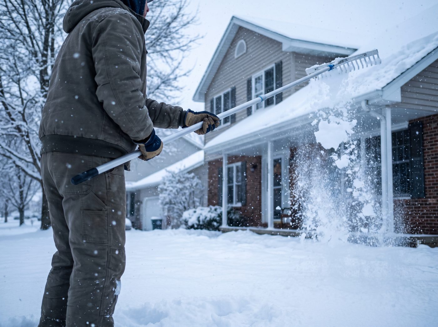 A person using a long-handled roof rake from the ground to pull snow off the lower roof