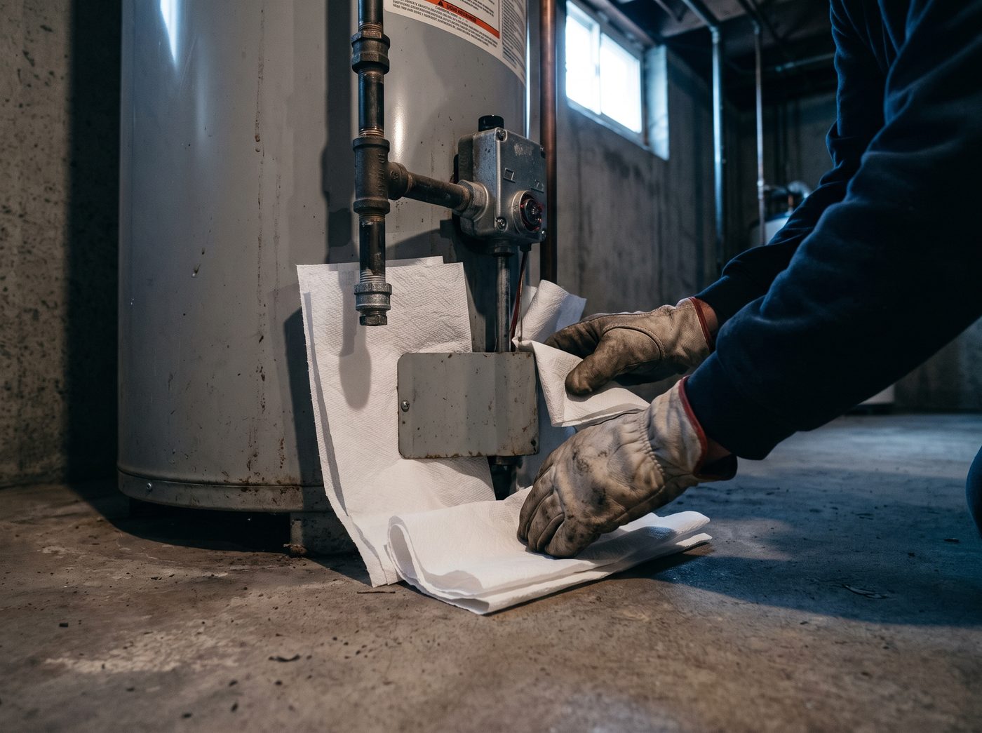 Gloved hands laying paper towels around the base of a water heater to find the leak source