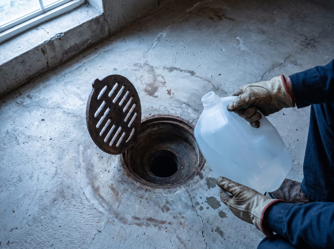 A basement floor drain with its cover lifted off and a jug of water ready to pour