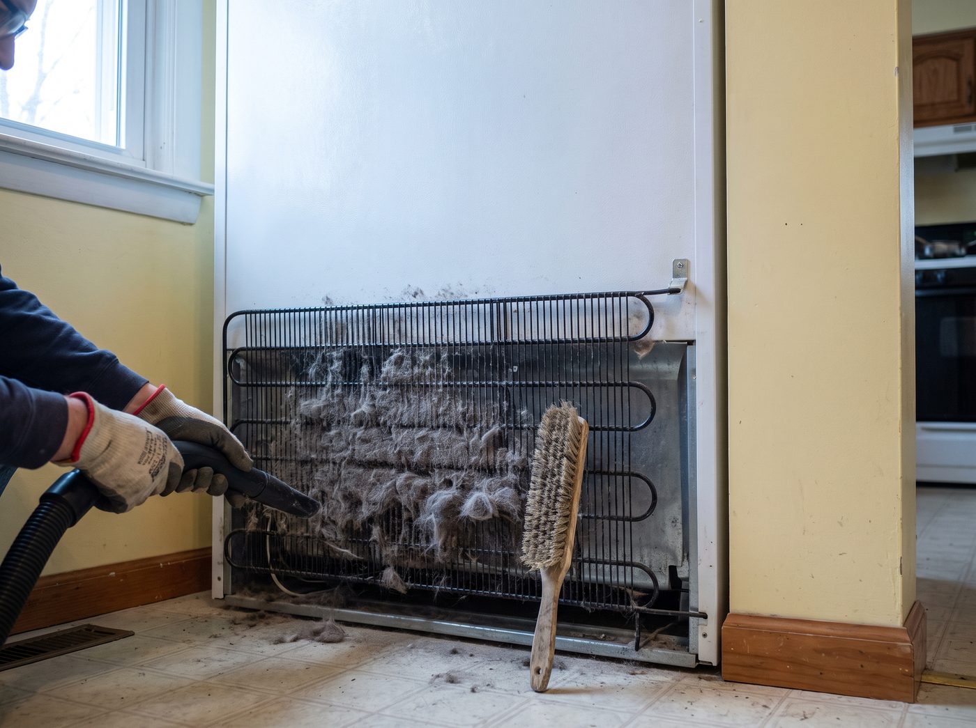 Refrigerator condenser coils thick with dust being vacuumed with a brush alongside