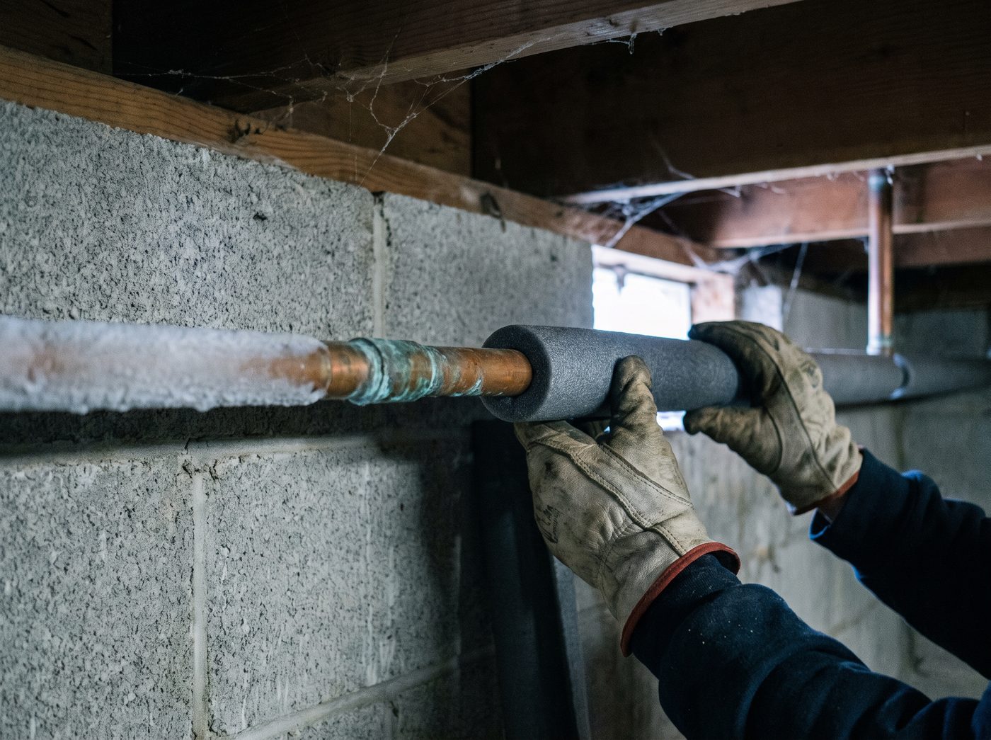A frosted copper pipe in a crawl space with foam insulation half fitted over the next section