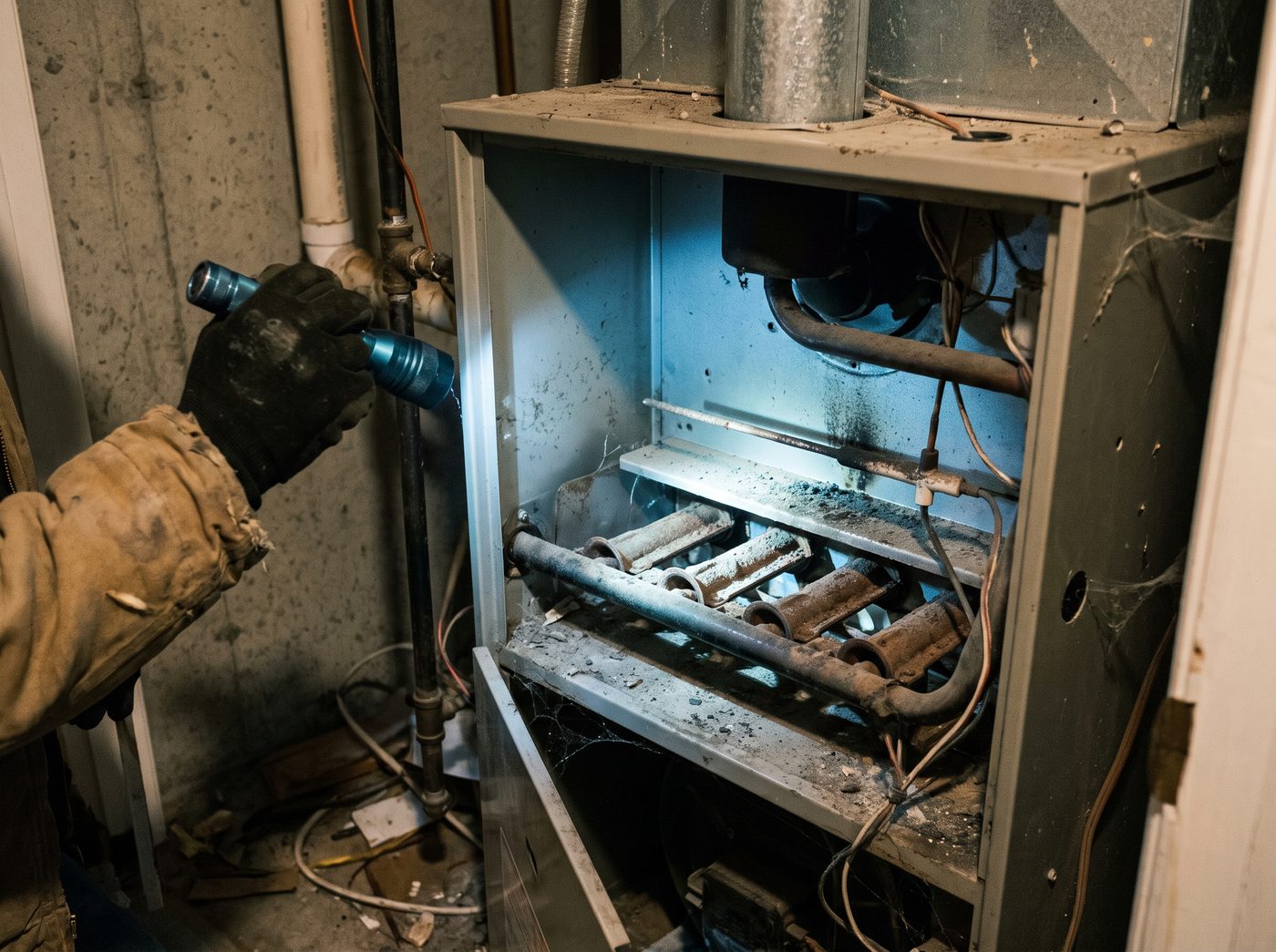 The open access panel of a gas furnace showing dusty burners and the flame sensor rod
