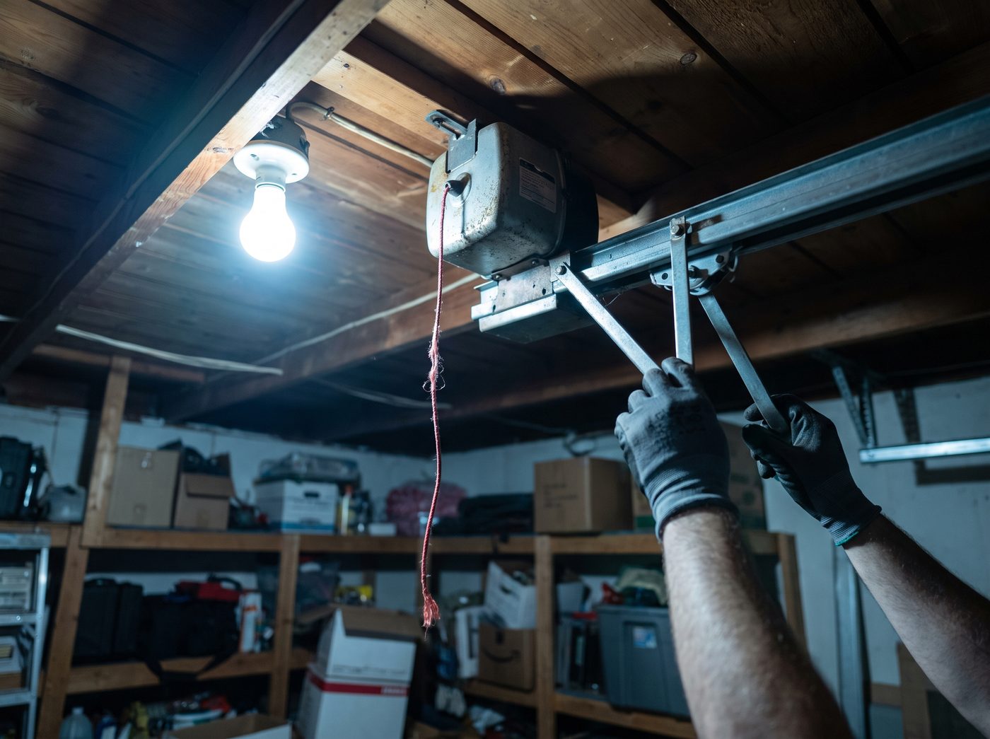 A garage door opener motor unit on a ceiling with its red emergency release cord hanging down