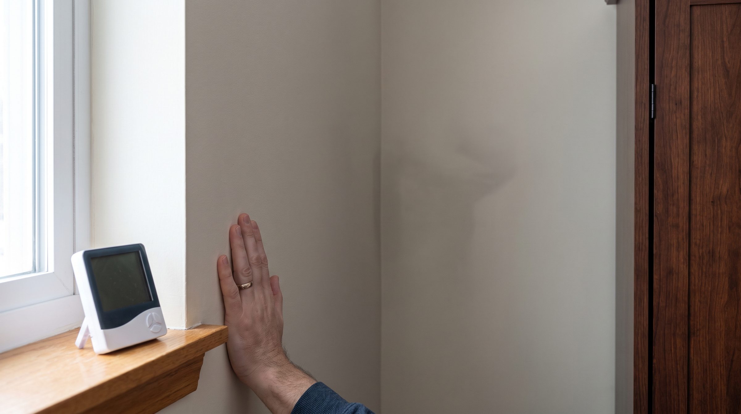 A hand held flat against a painted interior wall beside a small hygrometer resting on a windowsill