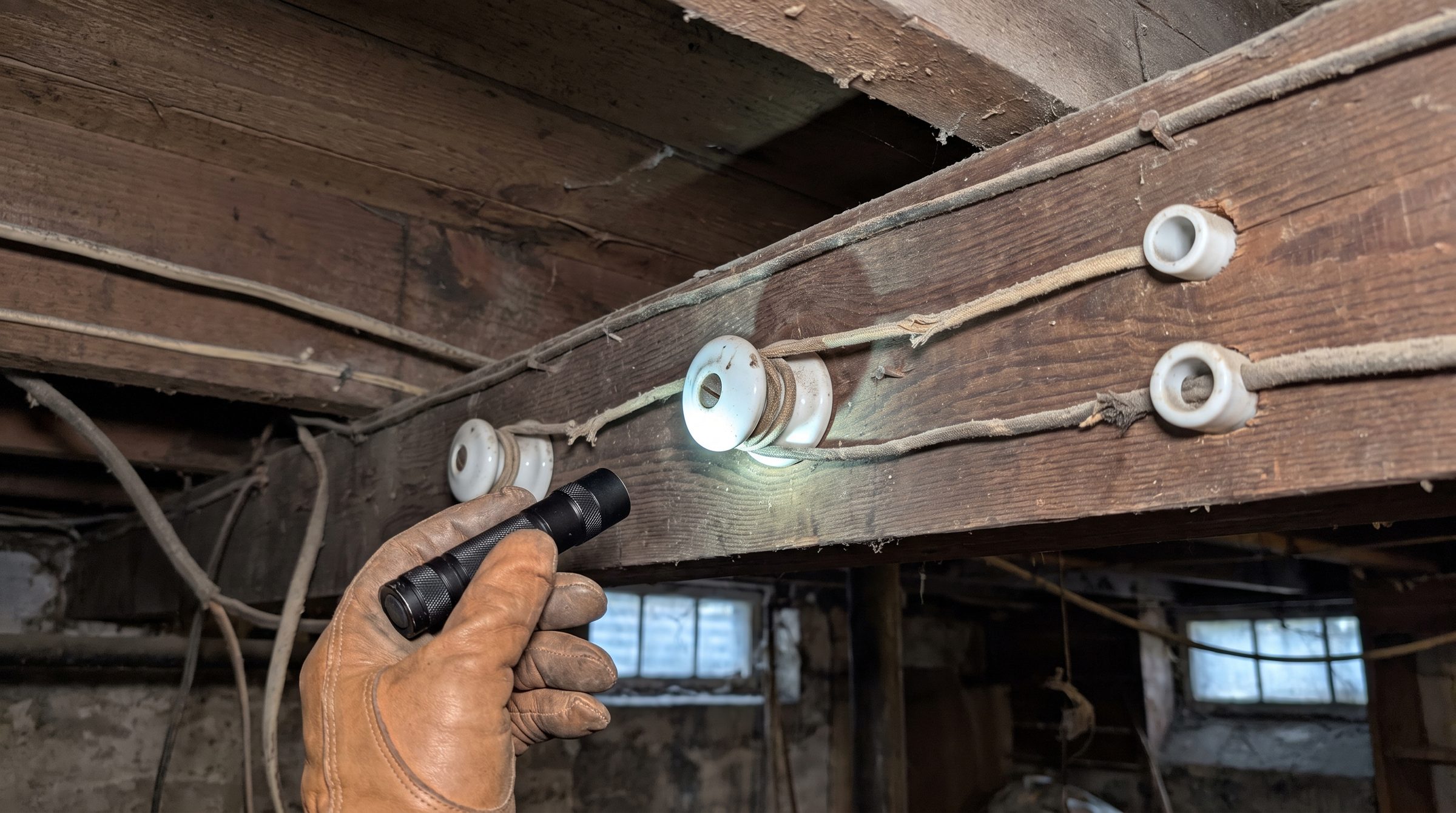 A gloved hand shining a small torch on ceramic knobs holding two separate cloth-covered wires along the side of a basement joist