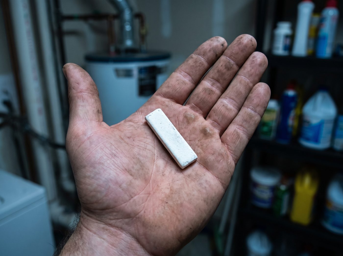A condensate pan treatment tablet held in a palm, at hand scale