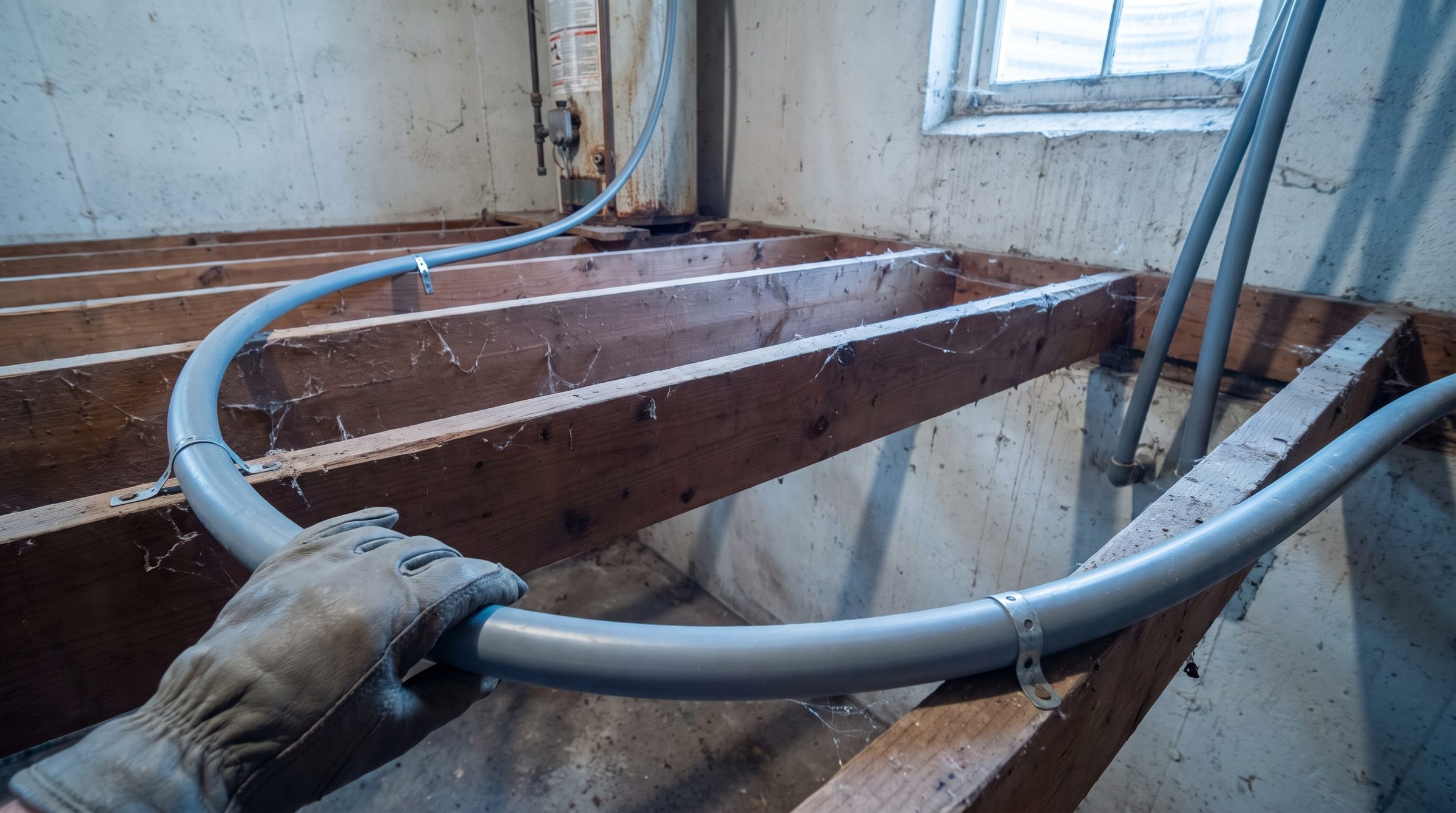 A gloved hand resting on a mid-grey flexible plastic supply pipe strapped to the joists of an unfinished basement, the pipe sweeping round a long curve toward an old rusty water heater against the concrete wall behind