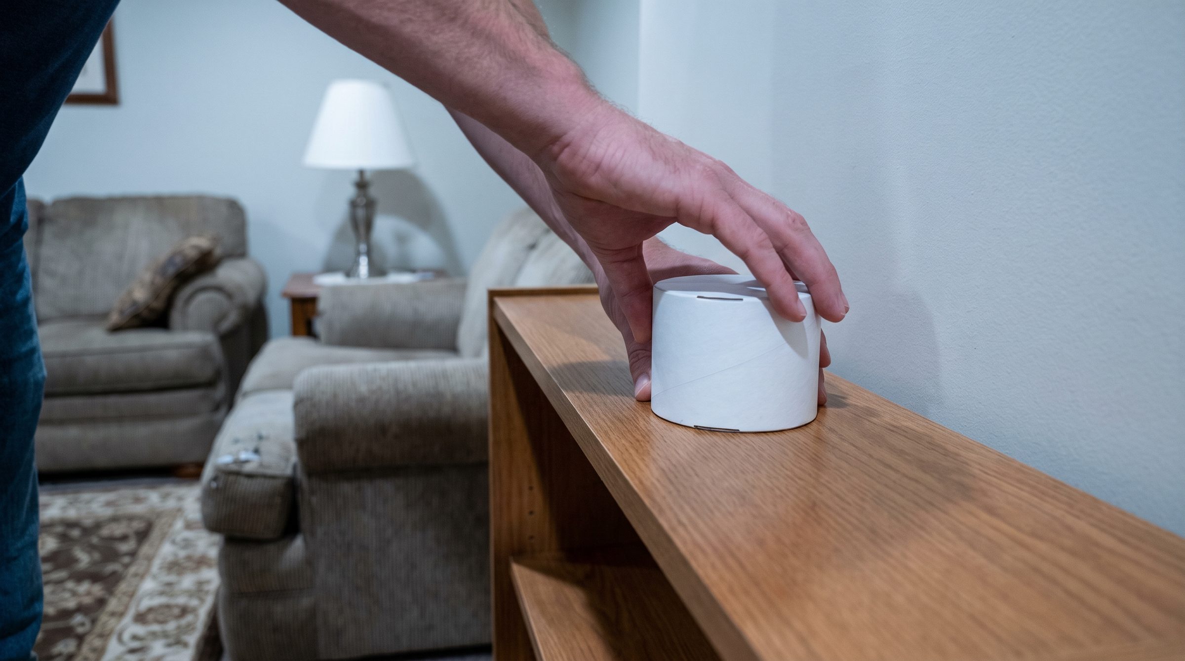 A hand setting a charcoal radon test canister on a shelf in a finished basement room