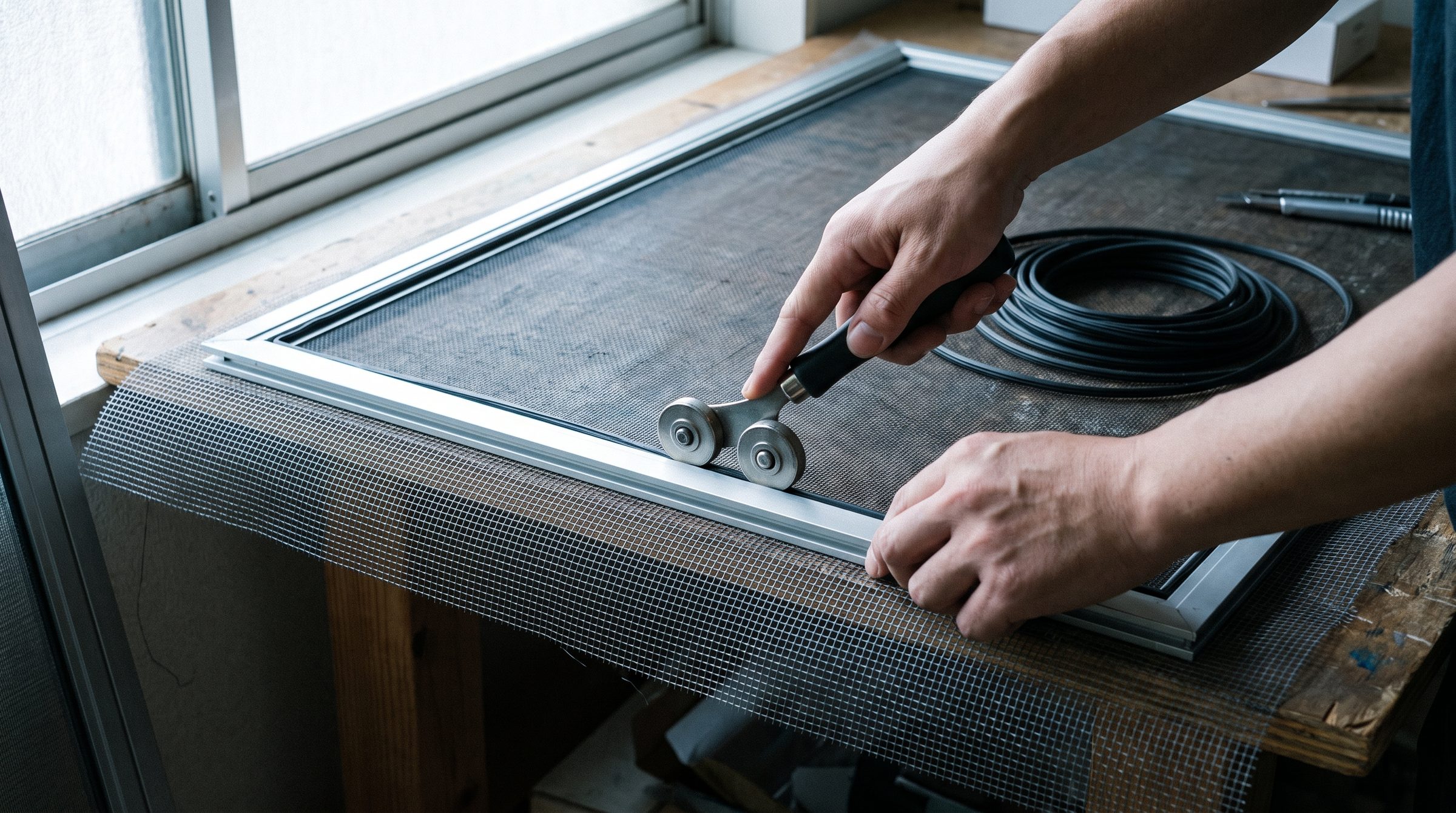 Hands running a spline roller along the groove of an aluminium window screen frame laid flat on a table