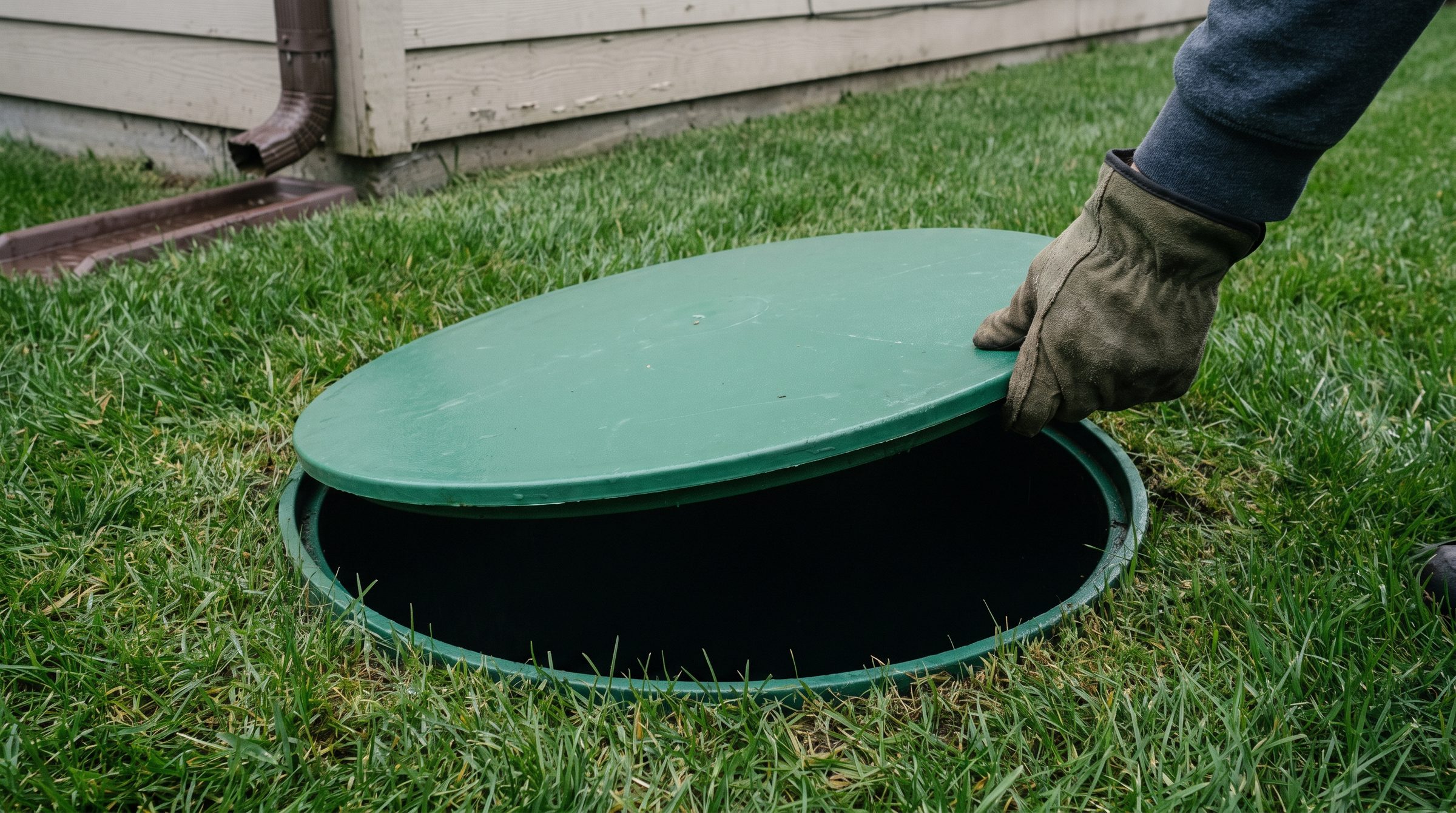 A gloved hand lifting the green plastic access riser lid on a septic tank set into a garden lawn