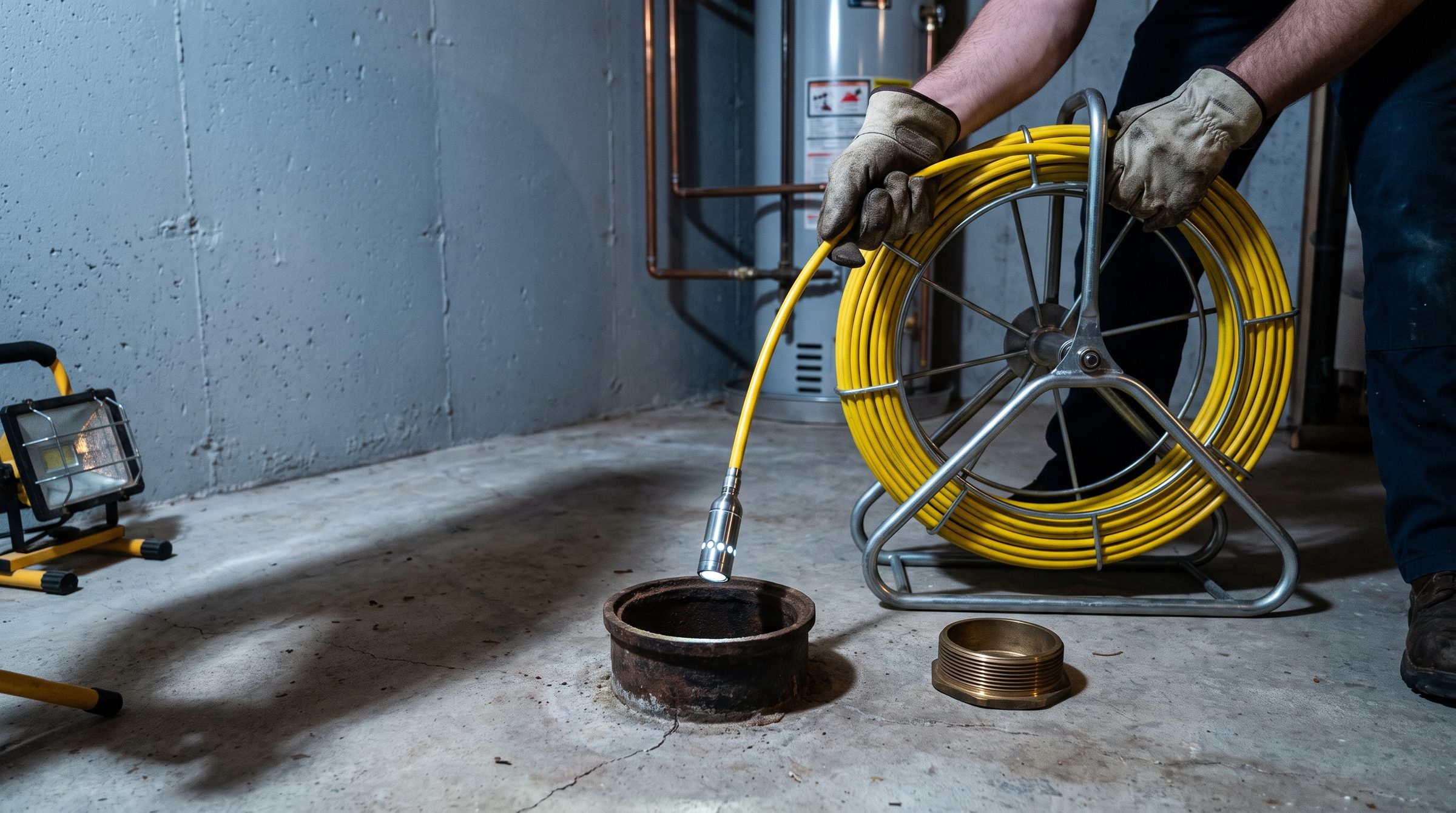 A plumber feeding a sewer inspection camera on a coiled reel into an open cleanout pipe beside a house
