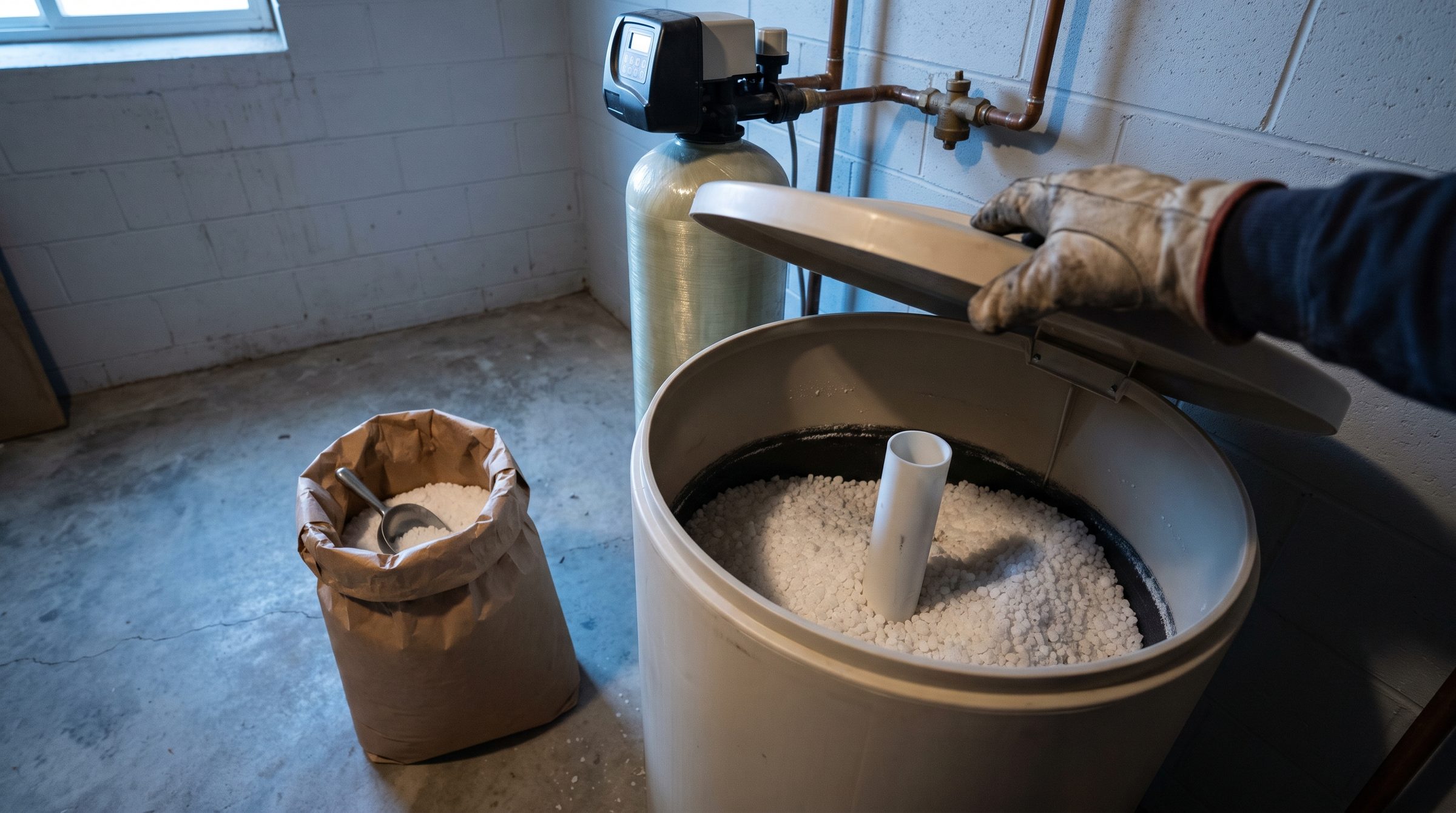 A hand lifting the lid of a water softener brine tank in a basement, salt pellets below the water line and an open bag of salt on the floor beside it