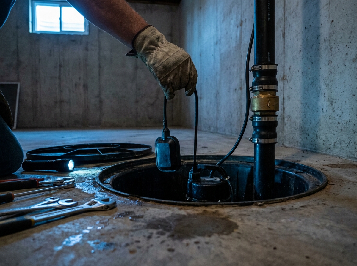 A gloved hand lifting the float switch on a submersible sump pump in an open basement pit