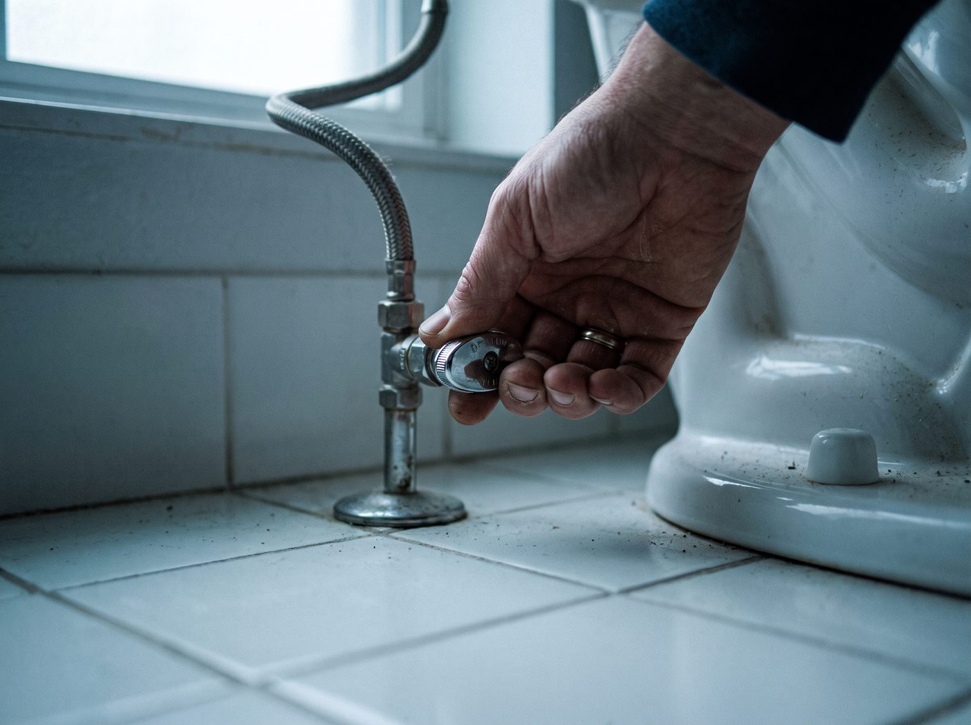 A hand closing the shutoff valve on the water supply line behind a toilet