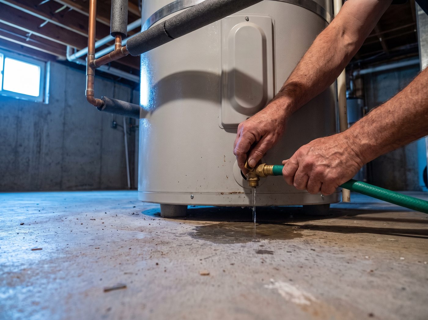 A garden hose threaded onto the drain valve at the base of a tank water heater