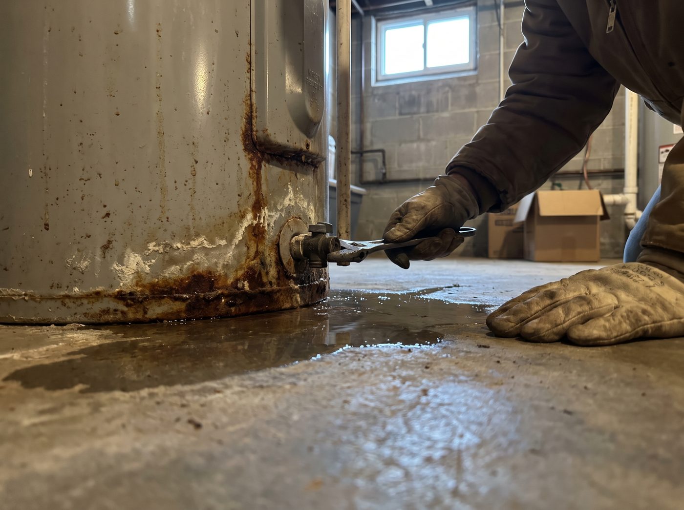 Water pooling on a concrete floor around the rusted base of a tank water heater