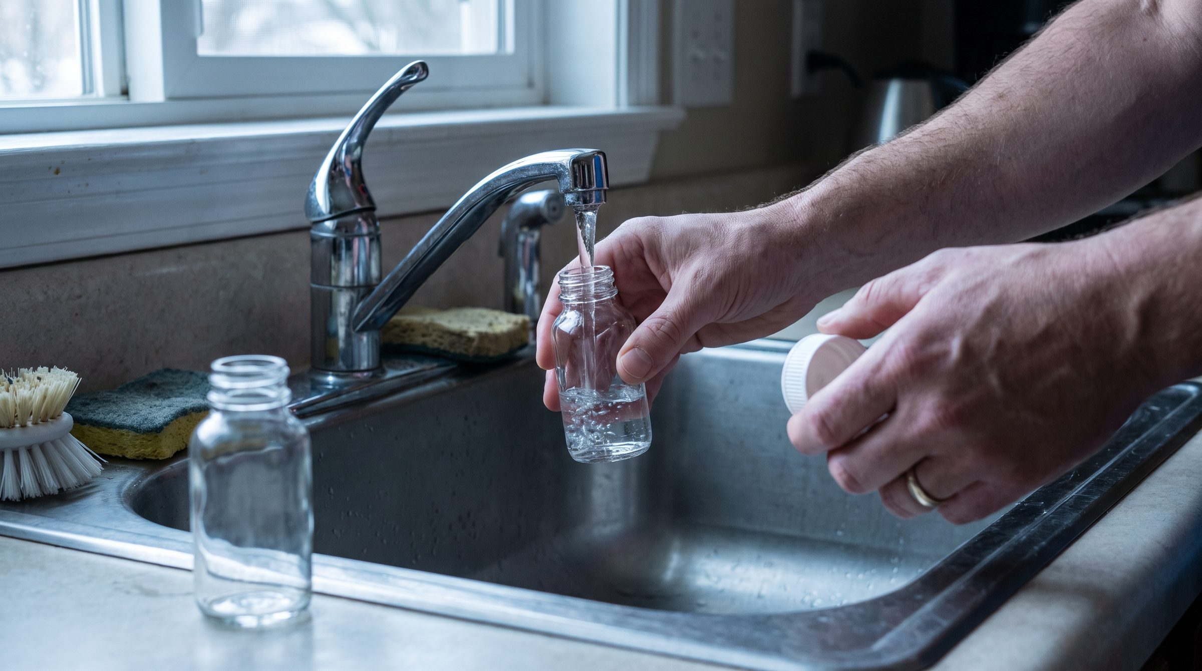 Hands filling a small clear laboratory sample bottle from a kitchen tap, cap held ready