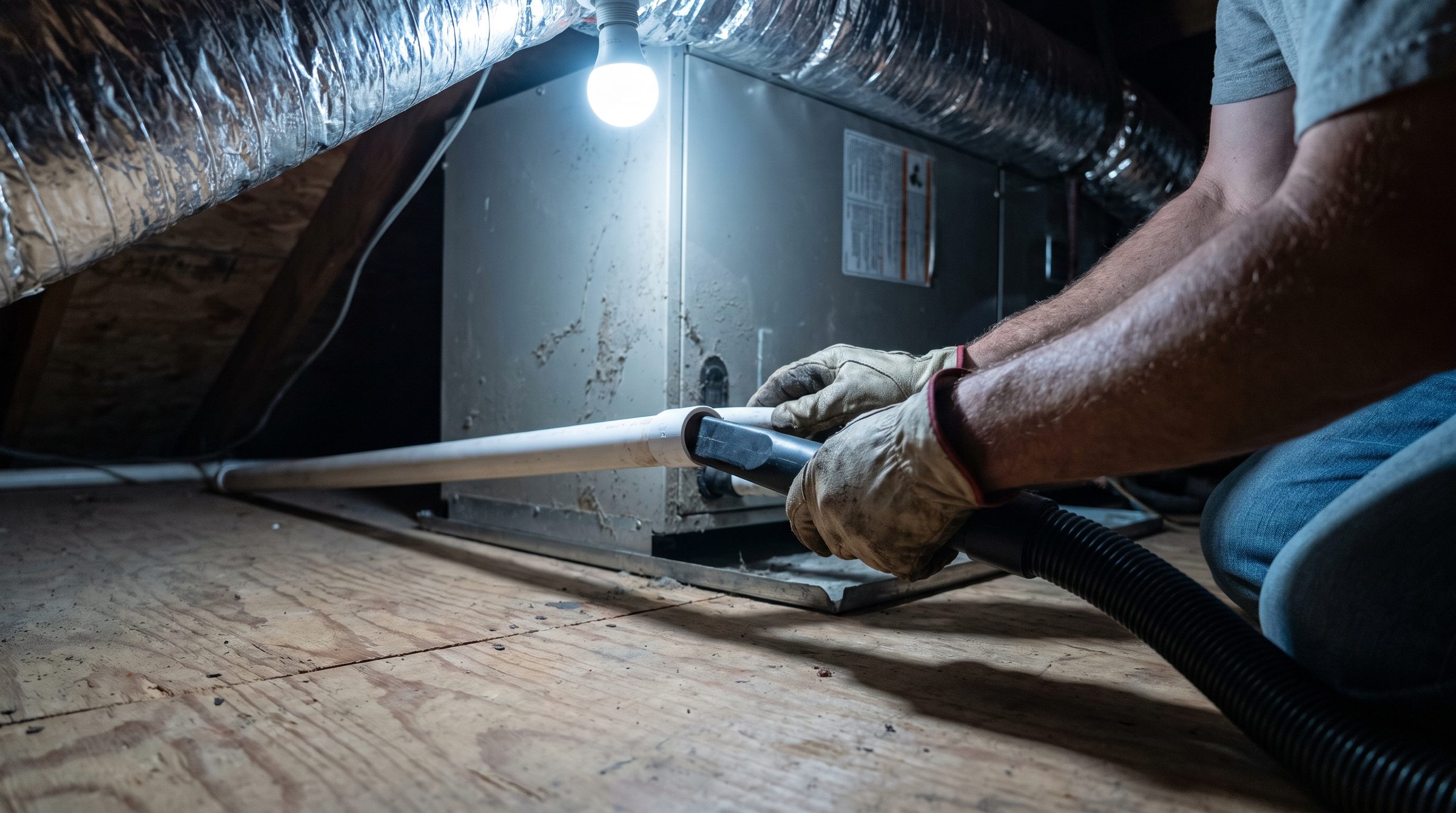 Gloved hands holding a shop vacuum hose against a condensate drain line in an attic air handler closet